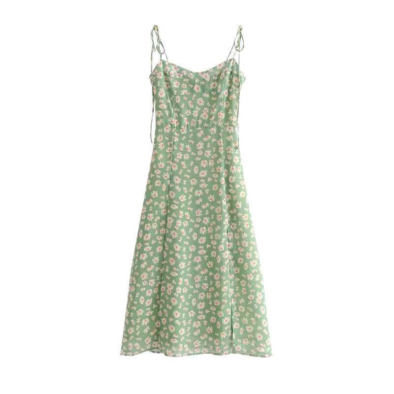 Retro green floral midi dress with side slits and sling straps, perfect for holidays and summer outings.