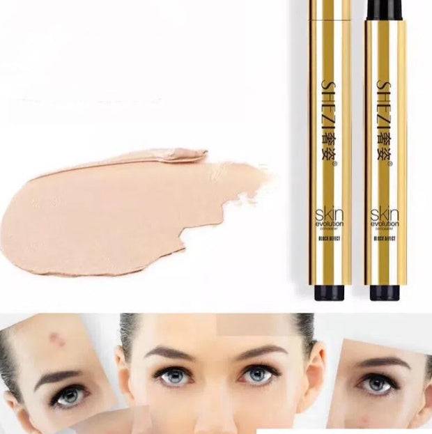 Revitalizing Acne & Pigmentation Cream gold concealer pen with brush for all skin types, shown with before and after acne coverage results