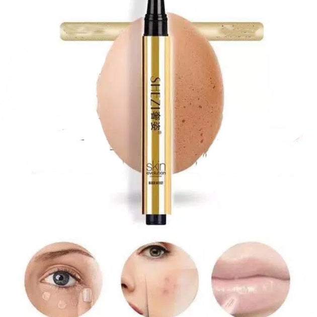 Revitalizing Acne & Pigmentation Cream gold concealer pen with skin-tone swatches and application examples for acne coverage