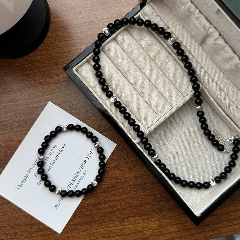 S925 sterling silver black agate cat's eye bracelet and matching beaded necklace in jewelry box