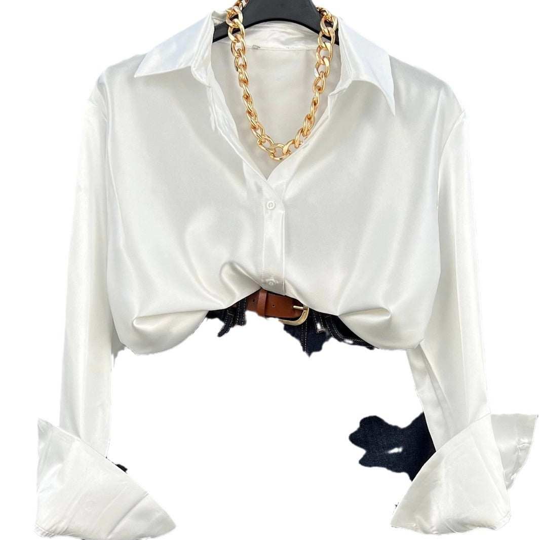 White long sleeve lapel shirt with a cropped design and gold chain accessory, ideal for stylish women.