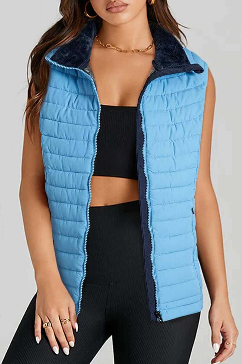 Sky blue plush collared zipped puffer vest, sleeveless, stylish and warm, perfect for layering.
