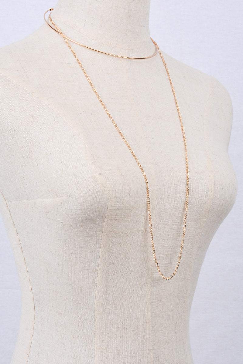 Sleek minimalist smooth gold metal collar necklace on mannequin bust