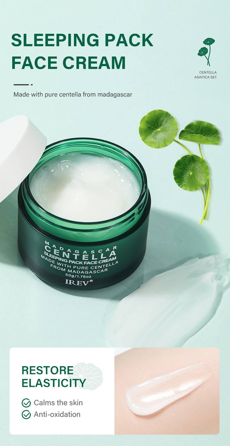 Snow Grass Skincare Set sleeping pack face cream jar with centella leaf and cream texture close-up