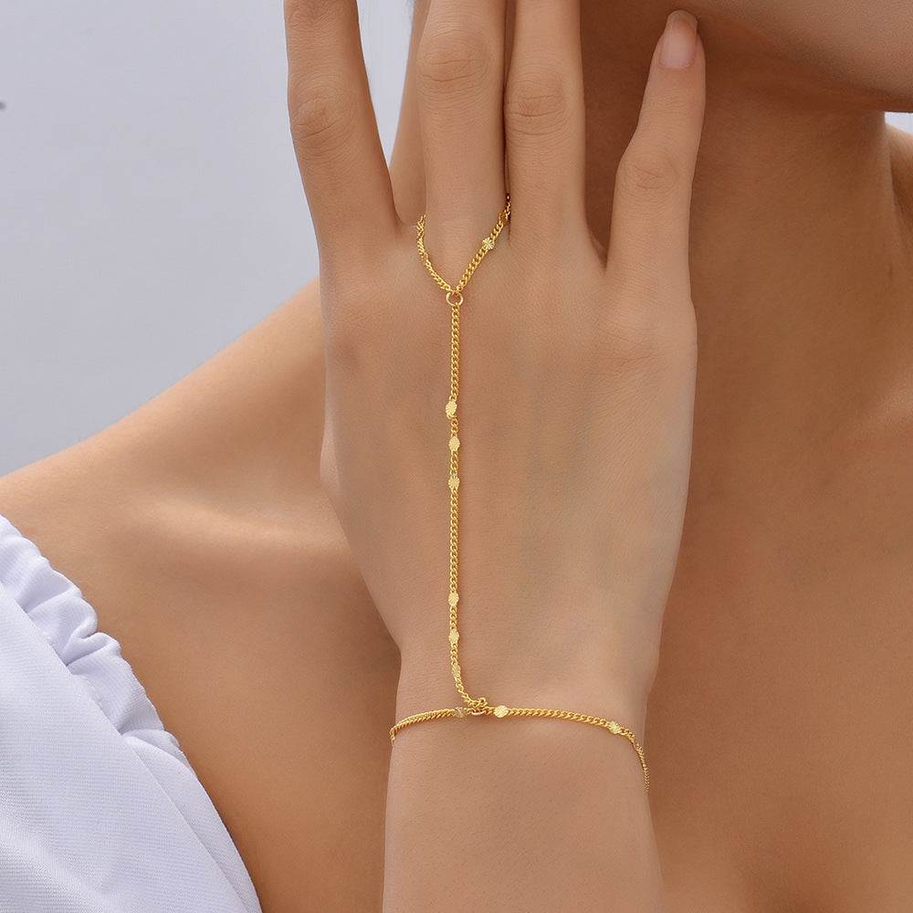 Unisex small beads wafer chain ring mitten-type bracelet in gold electroplated zinc alloy with geometric design