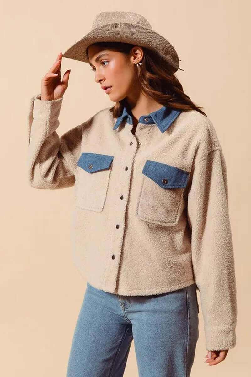 Woman wearing SO ME Faux Sherpa Fur Shacket with Denim Collar, styled for a chic and cozy look.