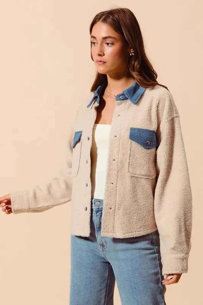 Faux Sherpa Fur Shacket with Denim Collar, stylish outerwear for warmth and versatility.