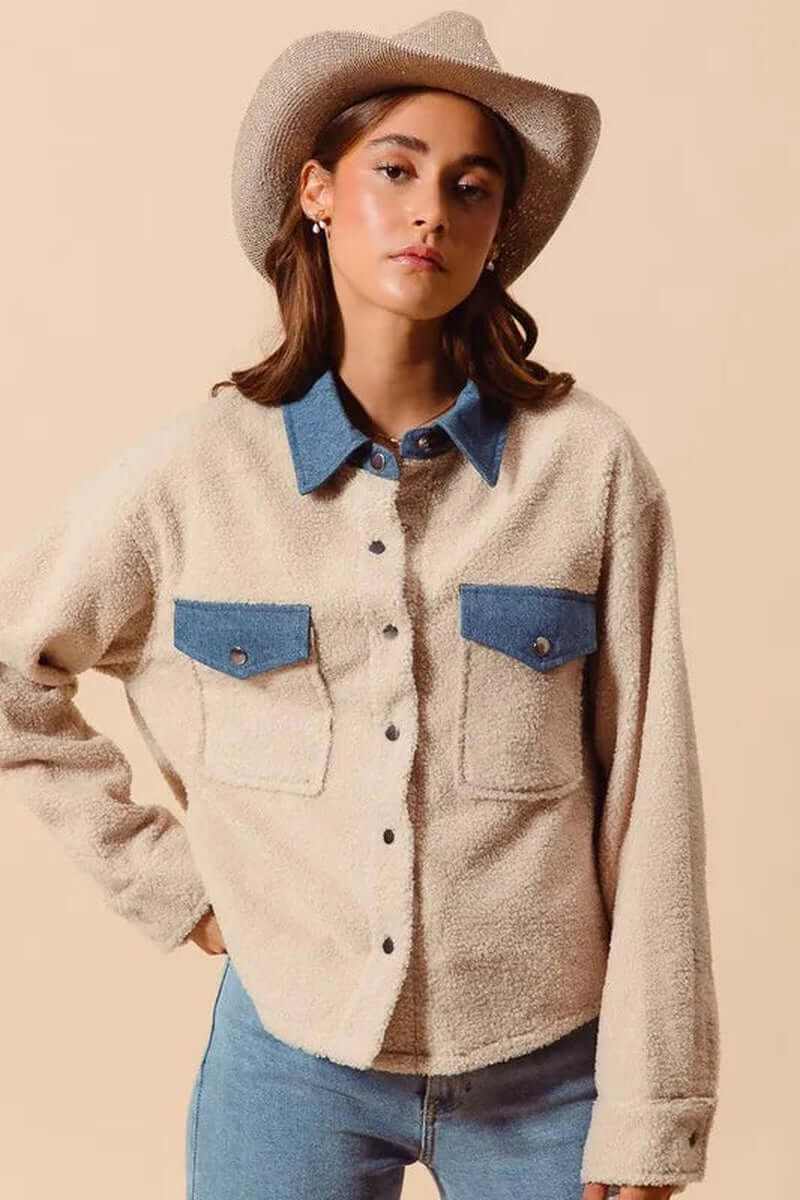 Model wearing SO ME Faux Sherpa Fur Shacket with Denim Collar, showcasing a stylish and cozy outerwear piece.