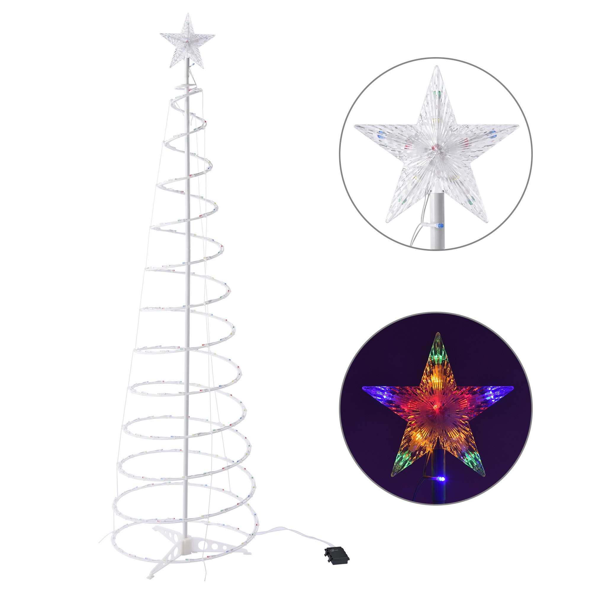 Spiral Christmas tree lights with a star topper, featuring colorful LED lights and a modern design.