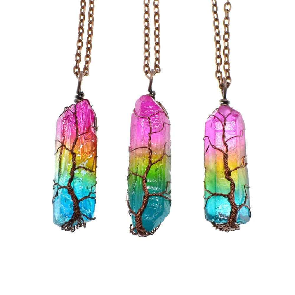 Colorful stone crystal pillar necklaces with tree of life design, stylish and unique jewelry.