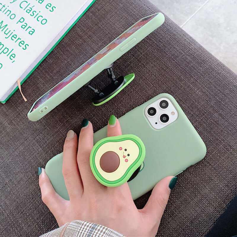 Avocado phone case in green silicone with ring holder, perfect for shockproof protection and trendy design.