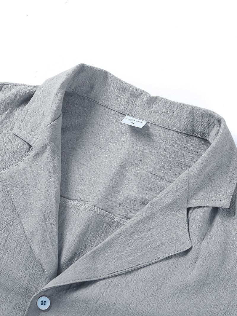gray men's short sleeve beach shirt with lapel collar made of linen cotton fabric