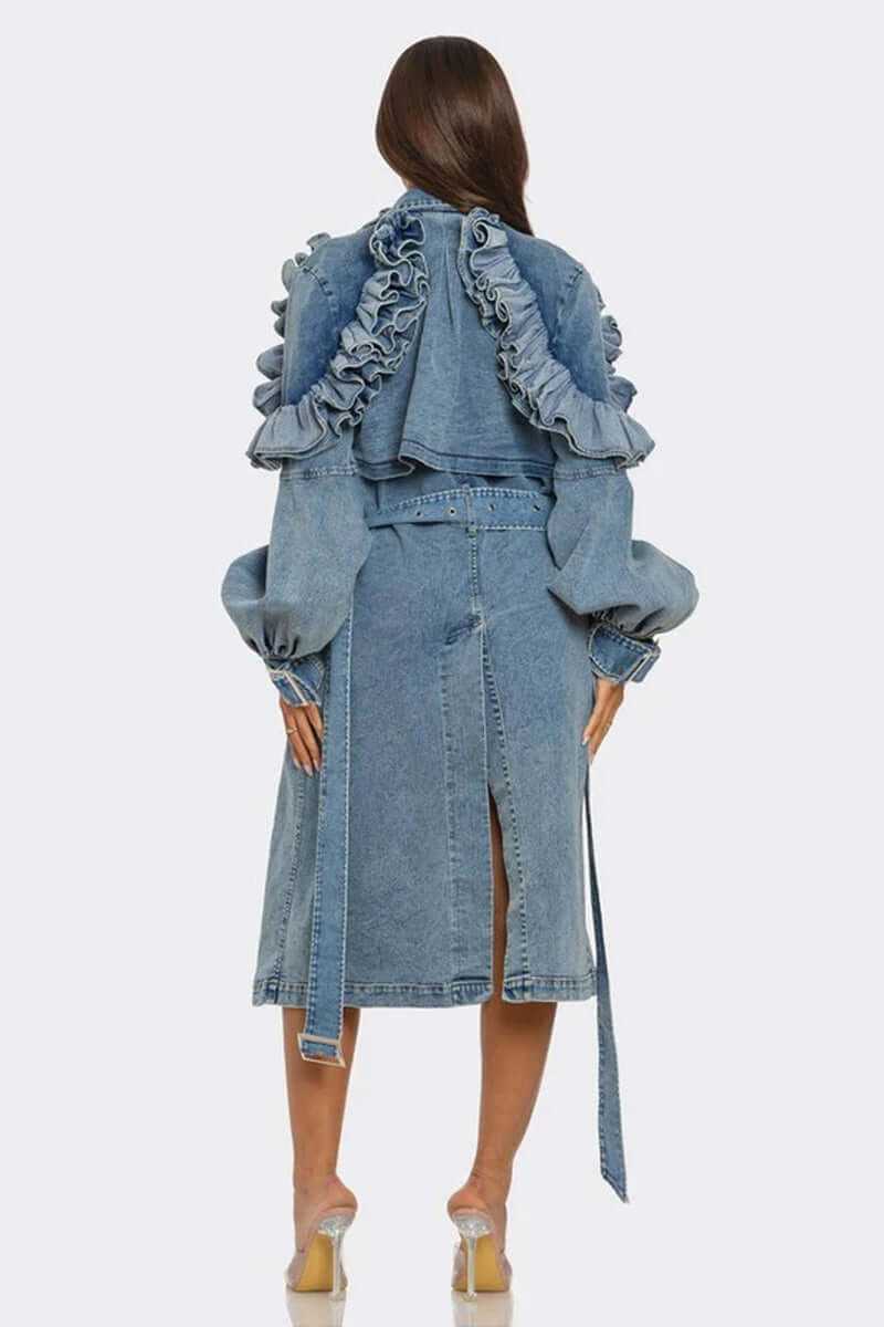 Back view of stylish ruffled edge denim trench coat with balloon sleeves and belted waist
