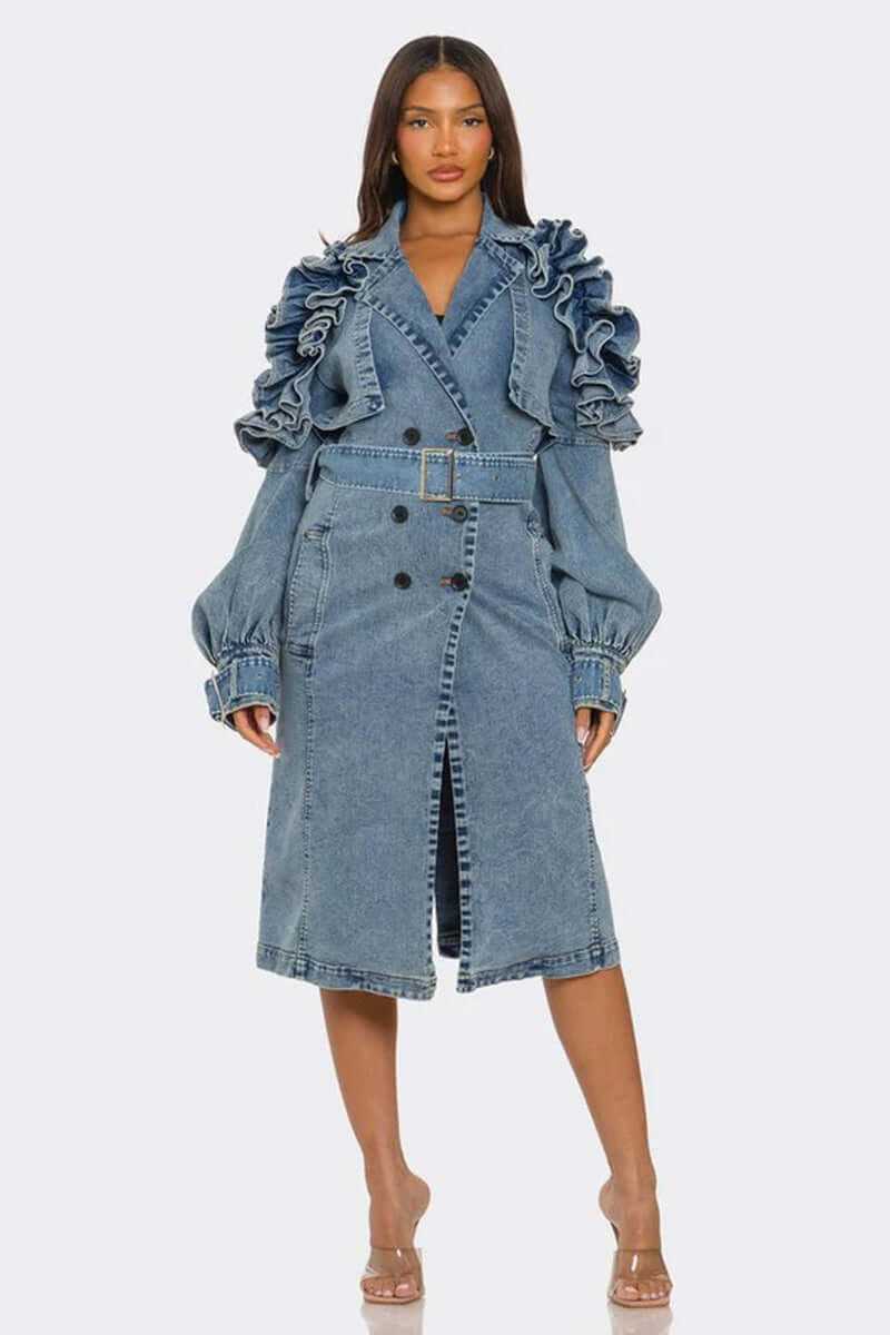 Stylish ruffled edge denim trench coat with balloon sleeves and belted waist