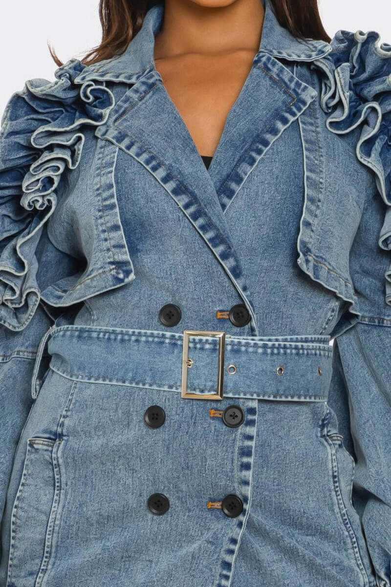 Mid-wash ruffled edge denim trench coat with double-breasted front and belted waist