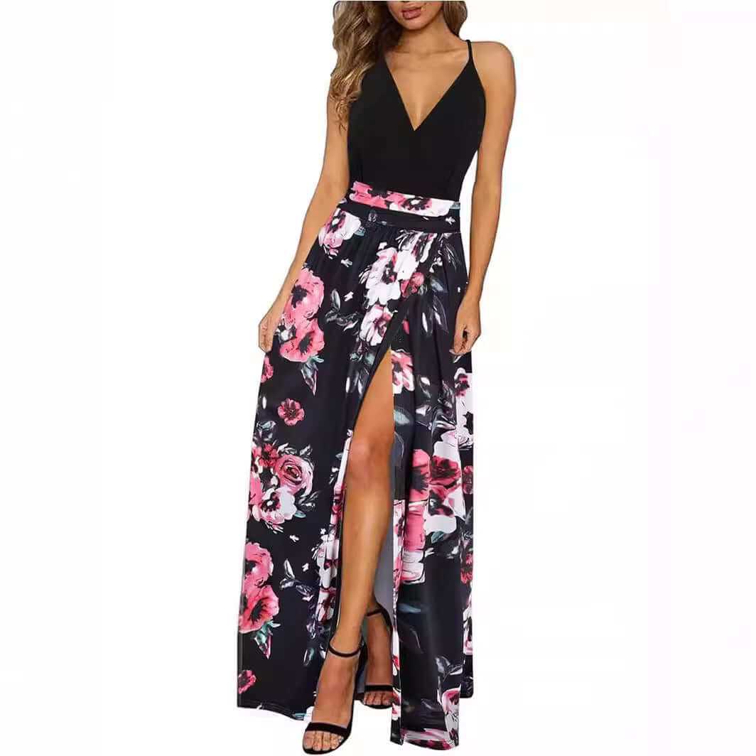 woman wearing black V-neck wrap spaghetti strap dress with pink floral long skirt and high slit