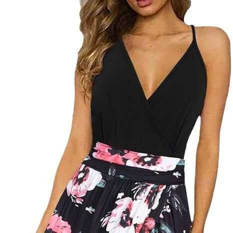 black V-neck wrap spaghetti strap dress with floral high waist skirt summer style