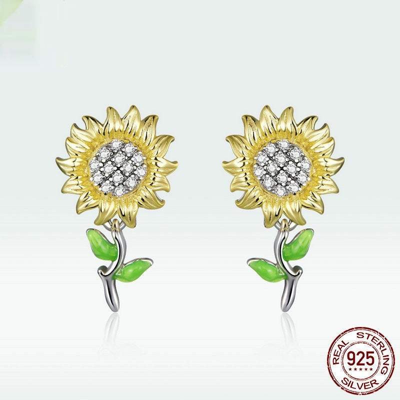Sunflower S925 silver stud earrings with real gold plating and green leaf accents