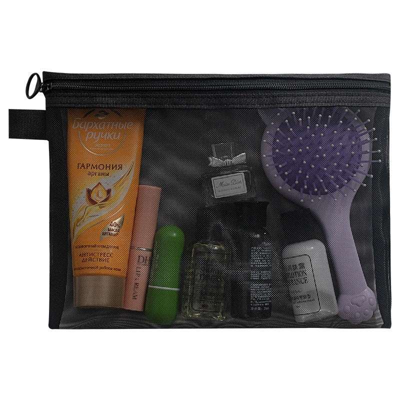 Transparent mesh makeup organizer bag with zipper, holding cosmetics and travel essentials