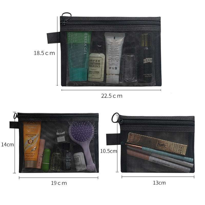 Set of three transparent mesh makeup organizer bags in different sizes with zipper closures for travel and cosmetic storage