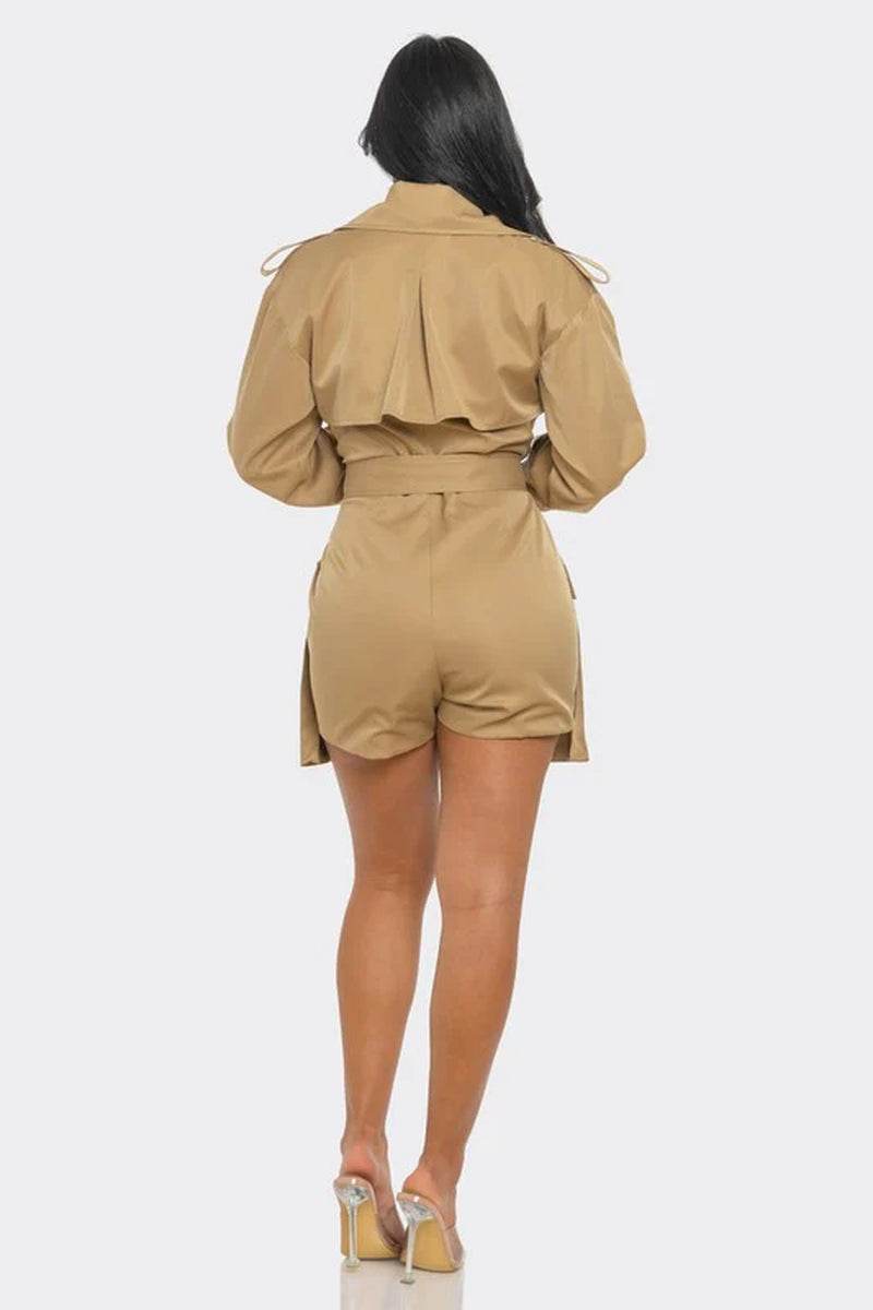 Back view of a trendy chic sophisticated utility style romper in khaki, showcasing its modern design and comfortable fit.