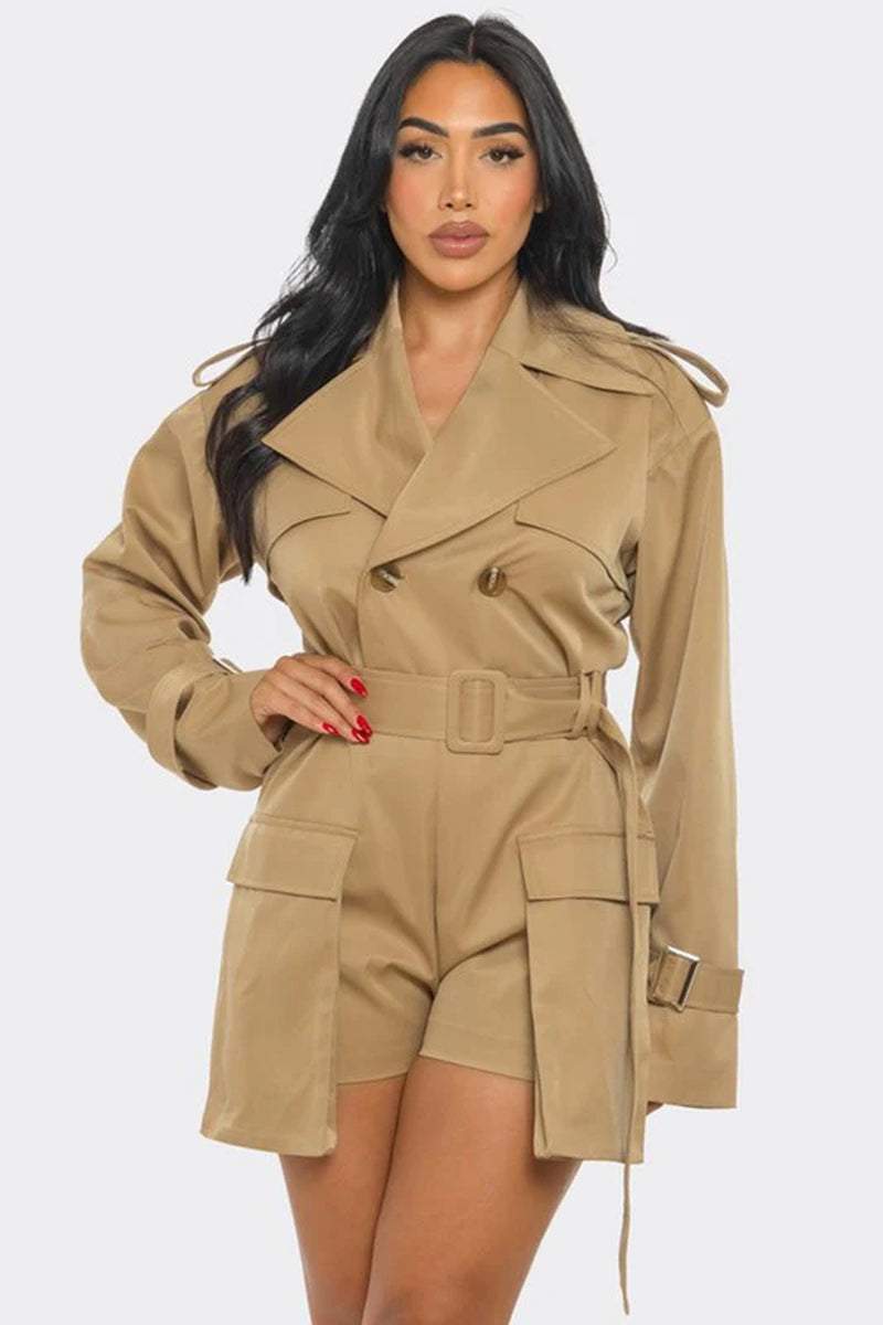 Trendy chic sophisticated utility style romper in beige with a belted waist and pockets, perfect for stylish comfort.