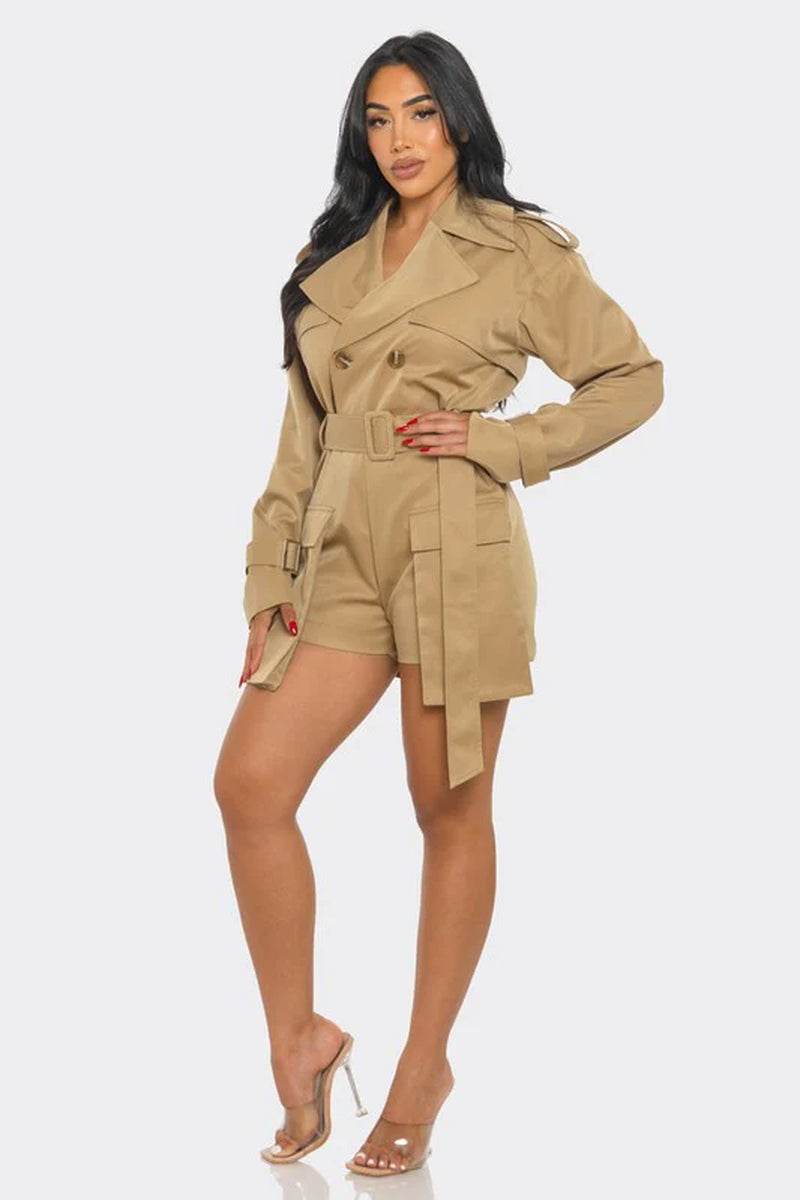 Chic utility style romper in beige with belt, featuring a trench coat design for sophisticated casual wear.