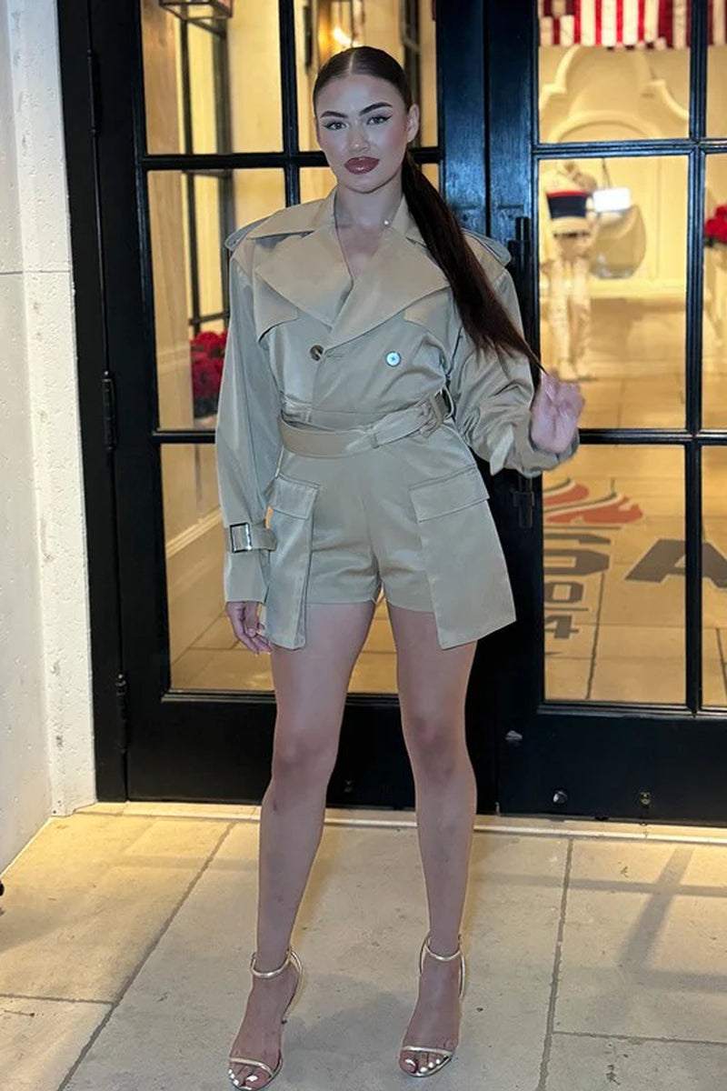 Chic utility style romper with trench coat design, perfect for sophisticated and trendy looks.