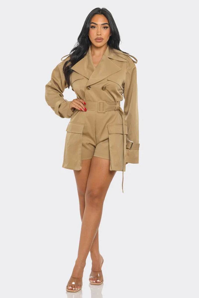 Chic sophisticated utility style romper in beige with belt and pockets, perfect for trendy casual wear.