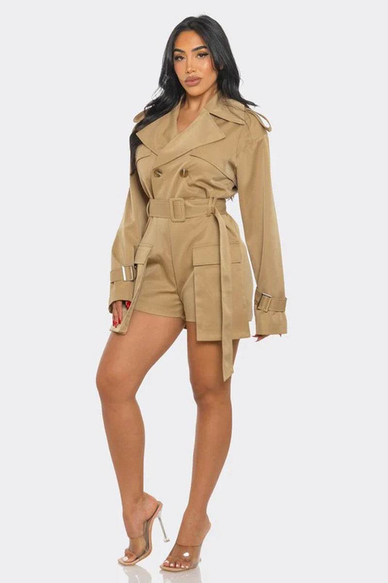 Chic utility style romper in beige, featuring a trench coat design and belted waist, perfect for sophisticated outfits.