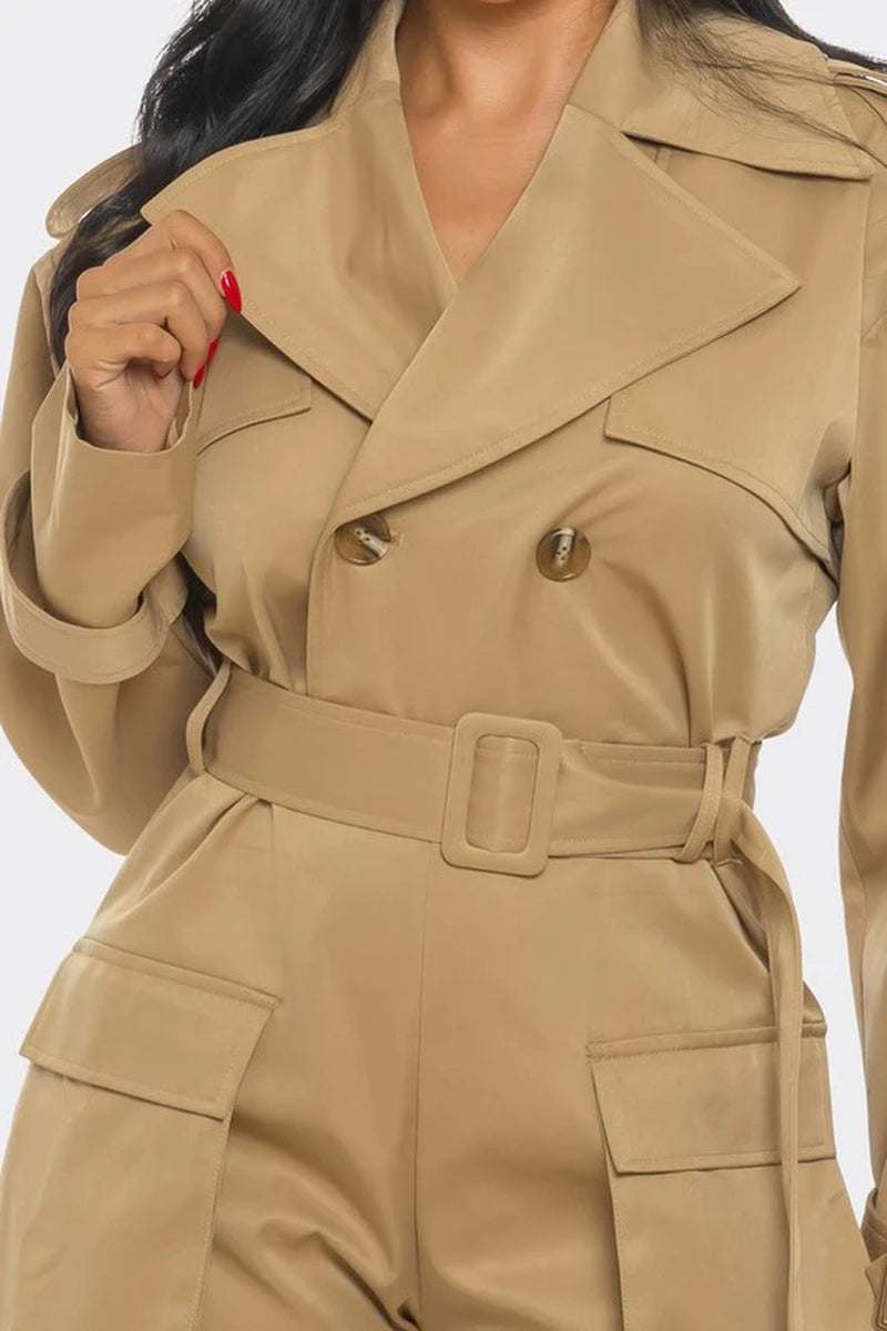 Chic beige utility romper featuring double-breasted design, wide collar, and belted waist for stylish comfort.