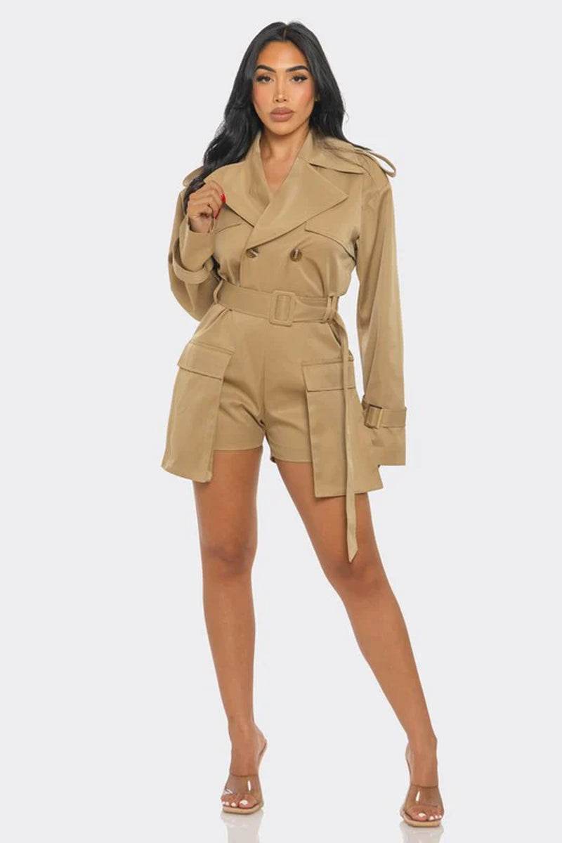 Trendy chic sophisticated utility style romper in beige with belt and pockets, perfect for stylish casual wear.