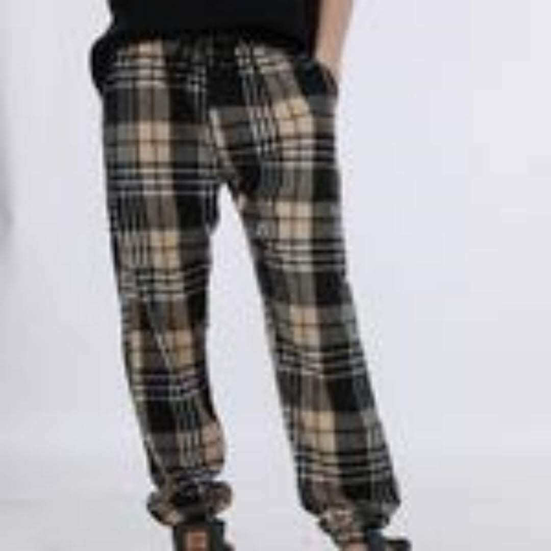 men's trendy casual plaid pants with elastic cuffs and pockets