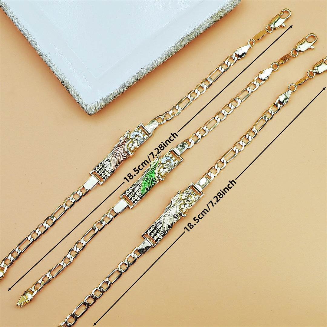 Two-color copper religious bracelet with St Jude niche and chain links on beige background