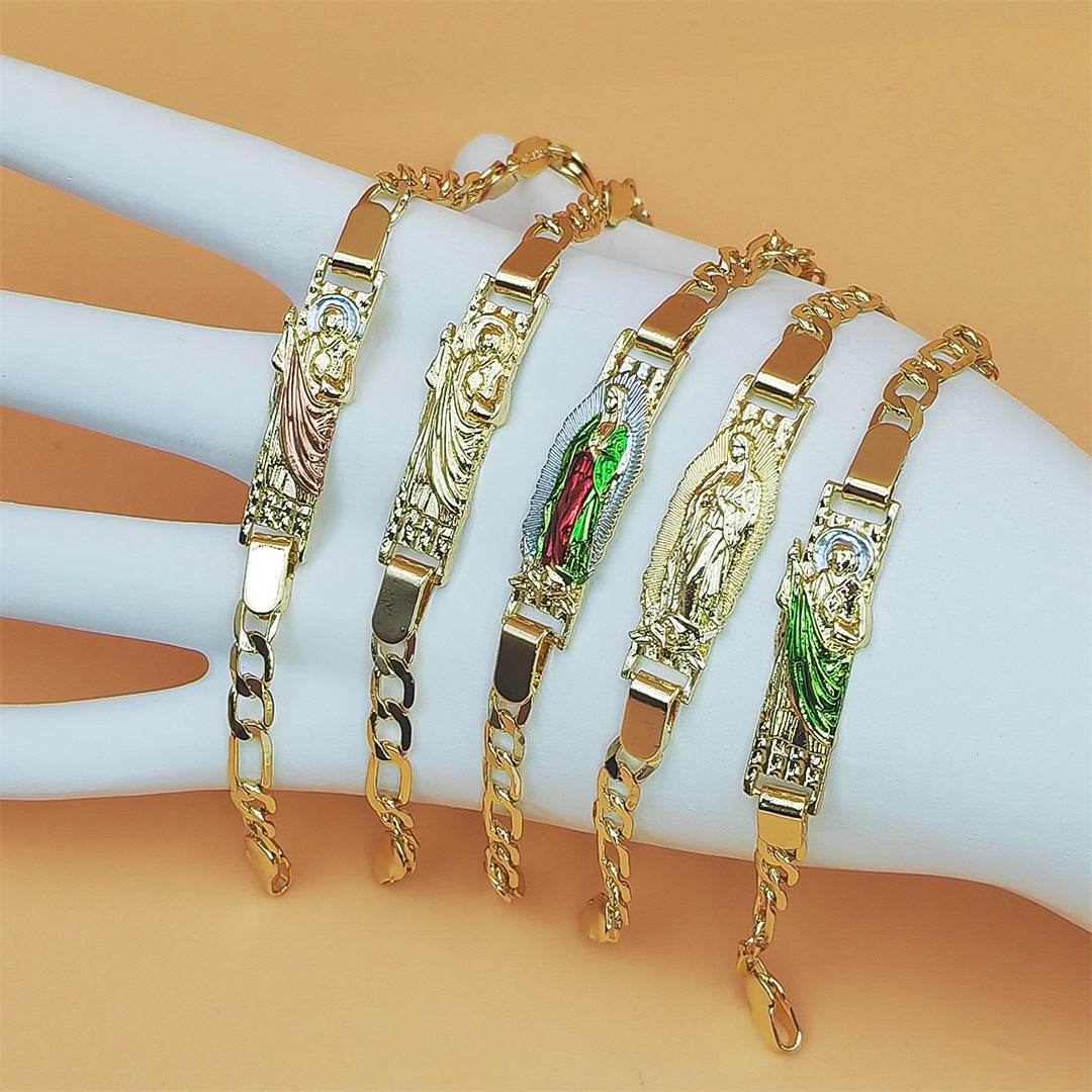 Two-color religious copper bracelets featuring Saint Jude and other holy figures on a gold-tone chain