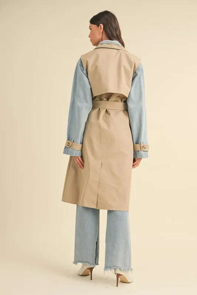 Back view of the Two-In-One MABLE Layered Trench Coat with Denim, showcasing a stylish combination of materials.