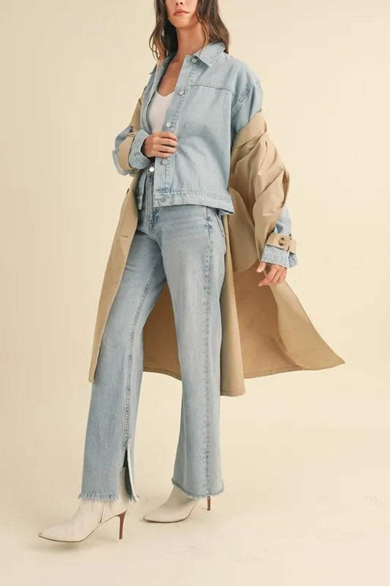 Woman wearing a Two-In-One MABLE Layered Trench Coat with Denim, styled casually with chic footwear.