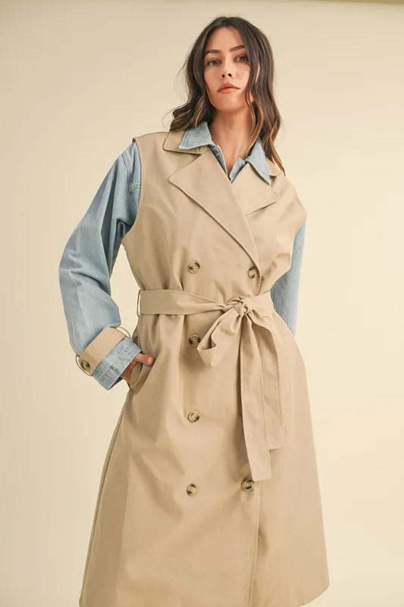 Two-In-One MABLE layered trench coat with denim jacket, stylish and versatile for transitional weather.