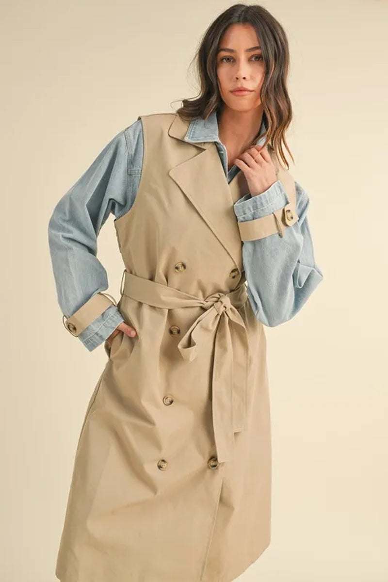 Two-in-one MABLE layered trench coat with denim jacket, stylish and trendy for transitional weather.