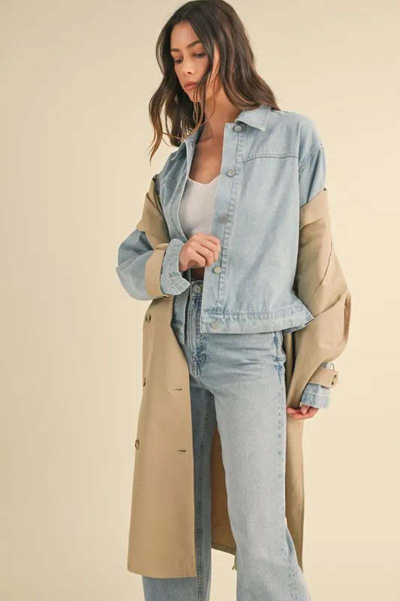 Two-in-One MABLE Layered Trench Coat with Denim, featuring classic styles for a trendy outfit.
