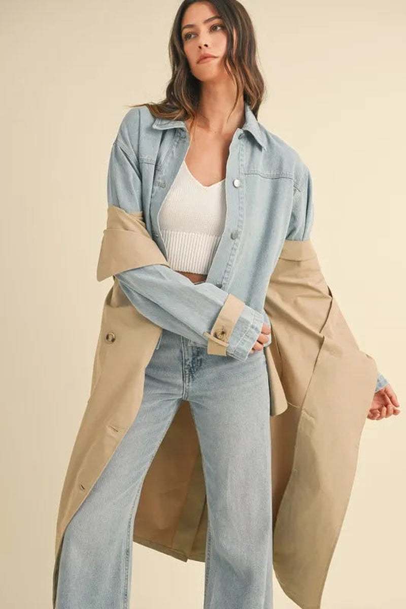 Two-in-One MABLE layered trench coat with denim jacket worn stylishly with light jeans and a top.