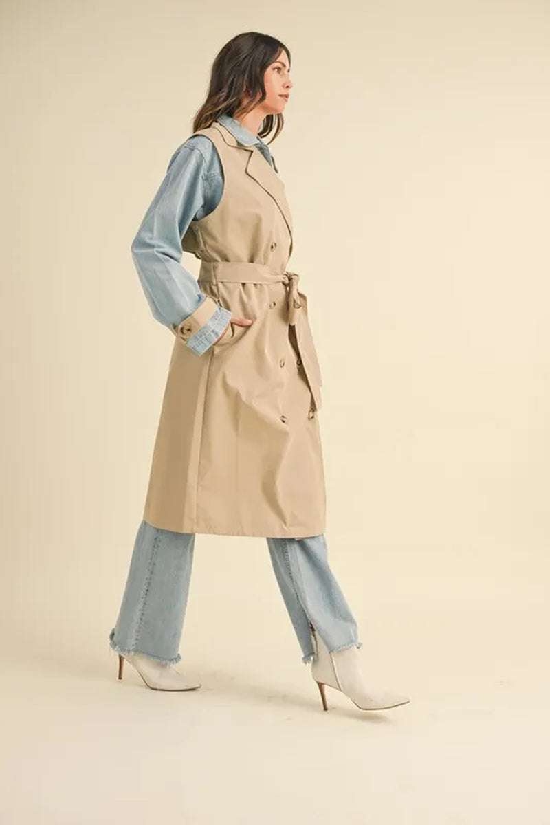 Model showcasing the Two-In-One MABLE Layered Trench Coat with Denim, perfect for stylish transitional weather.