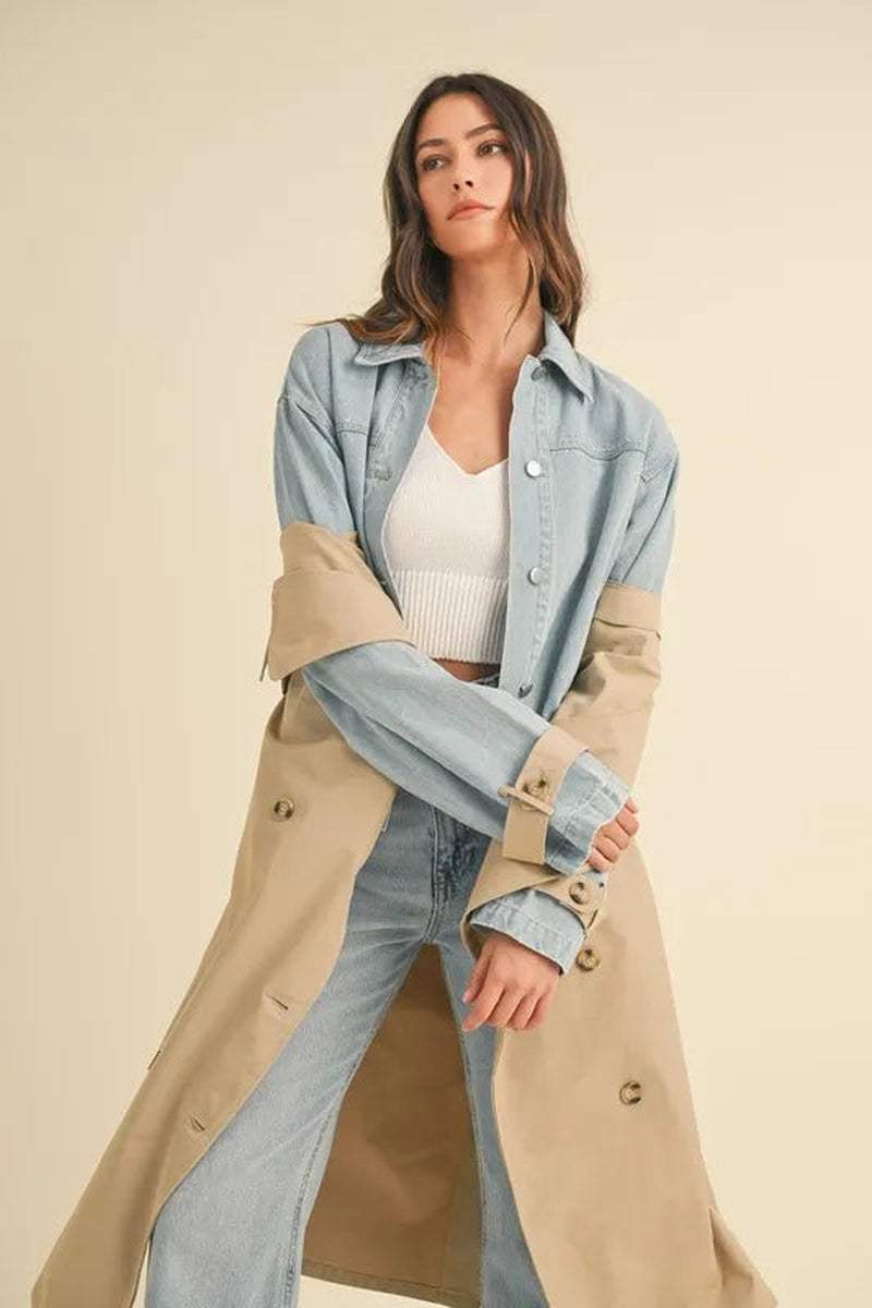 Model showcasing Two-In-One MABLE Layered Trench Coat with Denim, styled for a trendy transitional look.