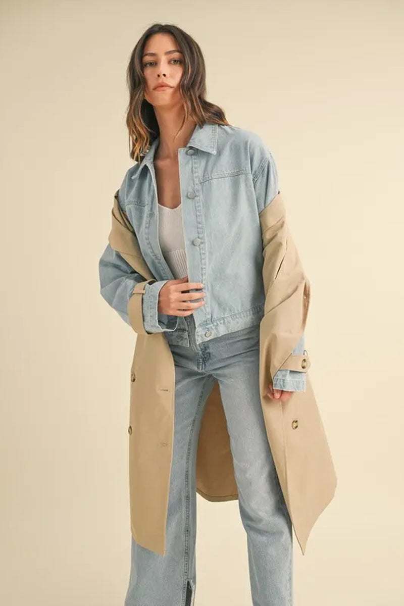 Model wearing Two-In-One MABLE Layered Trench Coat with denim jacket for a stylish, versatile look in transitional weather.