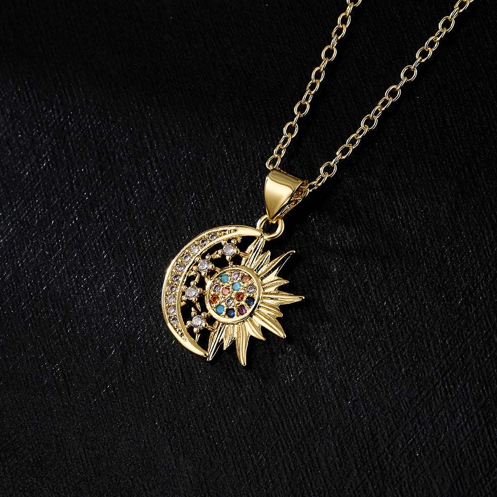 Unique design copper celestial pendant necklace with sun and moon motifs and colorful zircon stones on gold chain