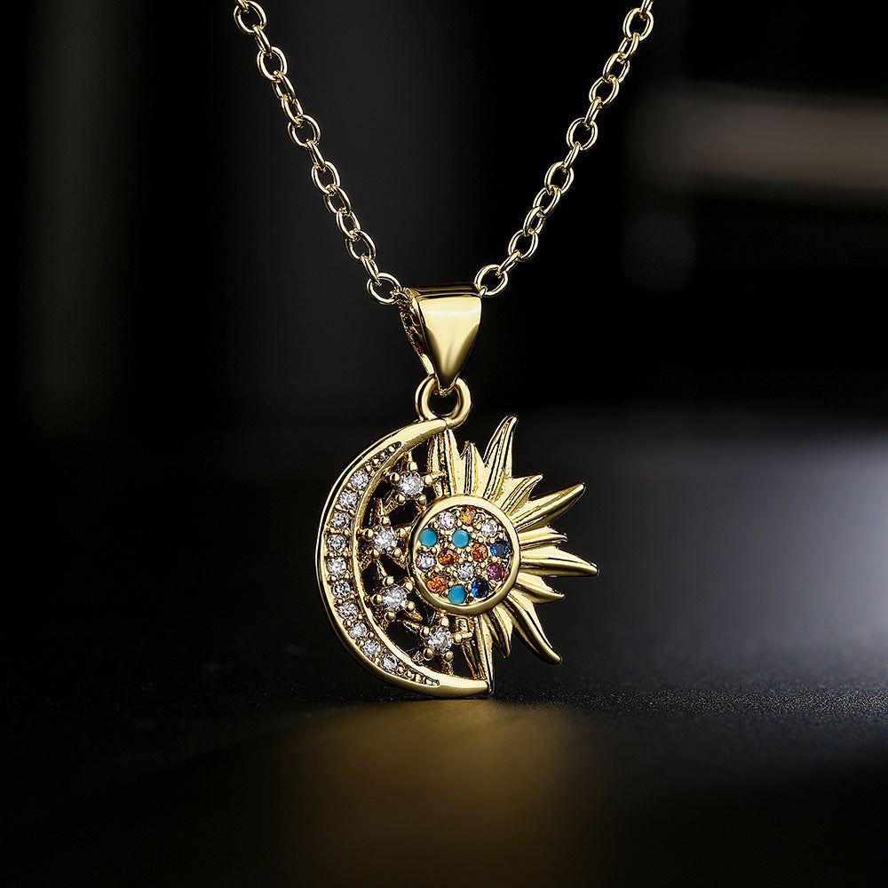Unique design copper celestial pendant necklace with sun and moon motif and multicolor zircon accents