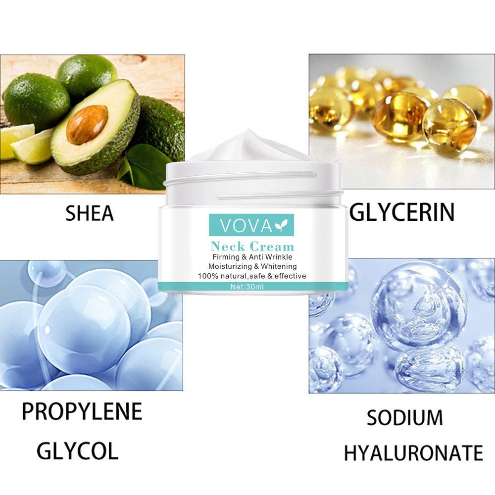 VOVA Neck Cream 30ml moisturizing firming anti-wrinkle cream with shea, glycerin, propylene glycol, and sodium hyaluronate.