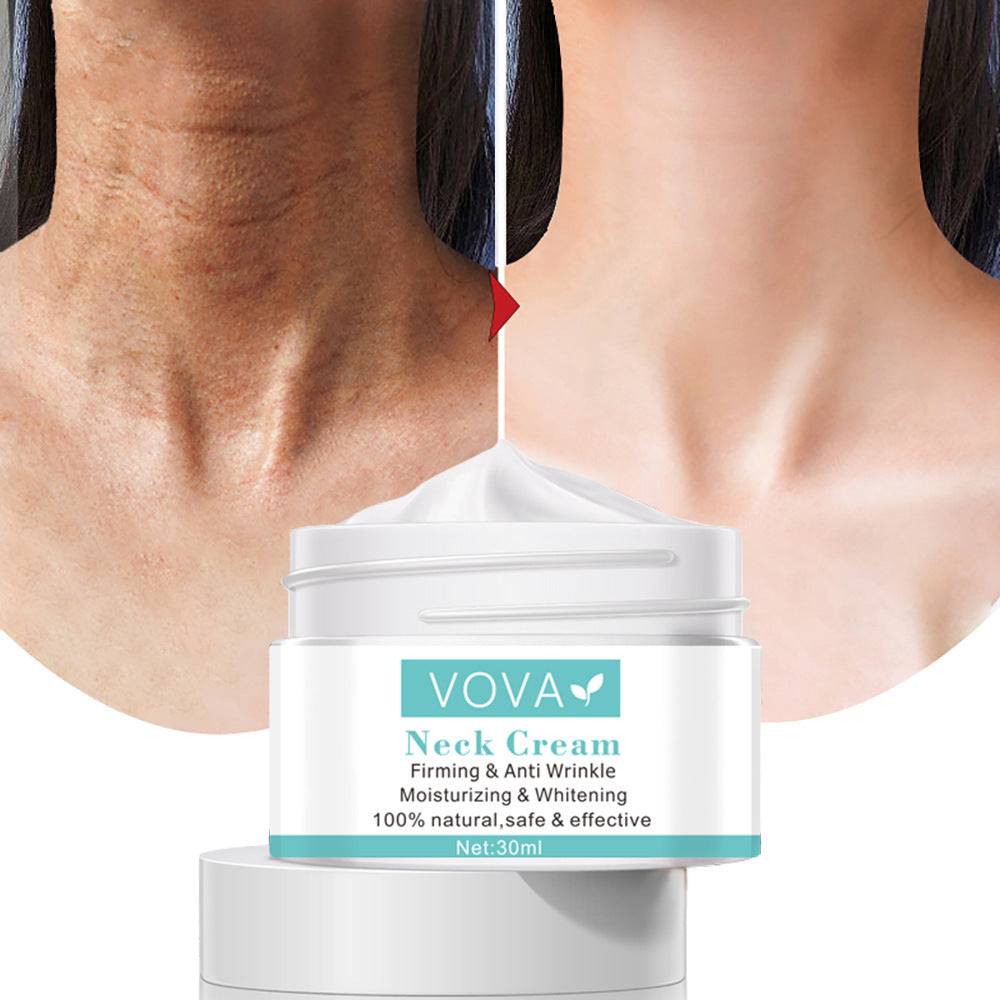 Neck cream jar with before and after neck skin firming and whitening results showing smoother skin