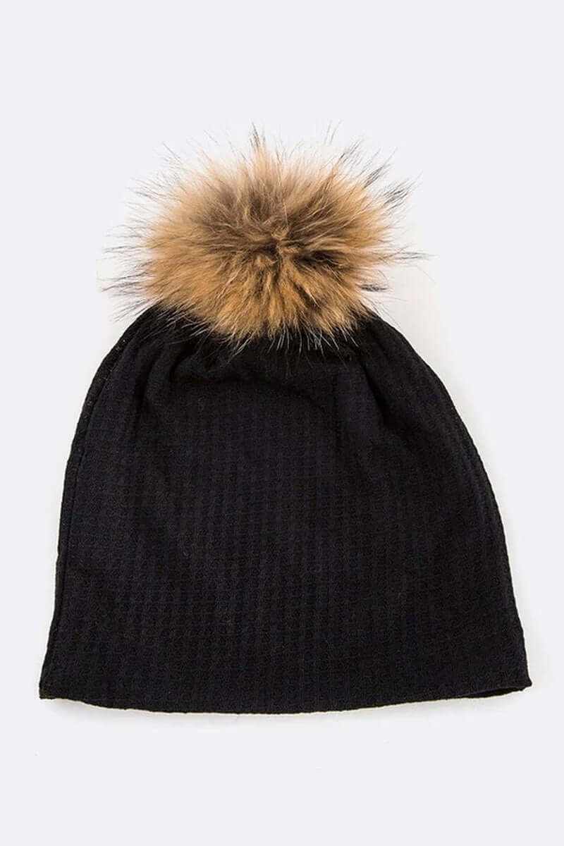 Warm Knit Faux Fur Pom Slouchy Beanie in black with a fluffy faux fur pom pom, perfect for cold weather.