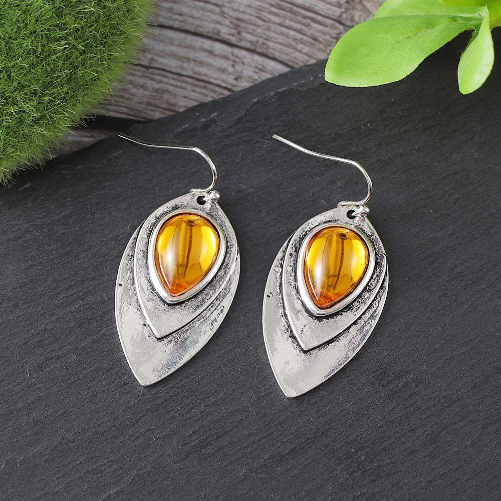 Water drop design antique silver bohemian leaf earrings with amber stone